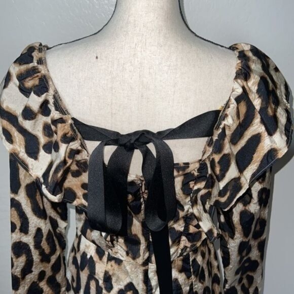H&M Leopard Print Ruffle Long Sleeve Mini Dress With Bow Back Detail Size Medium - Picture 7 of 13